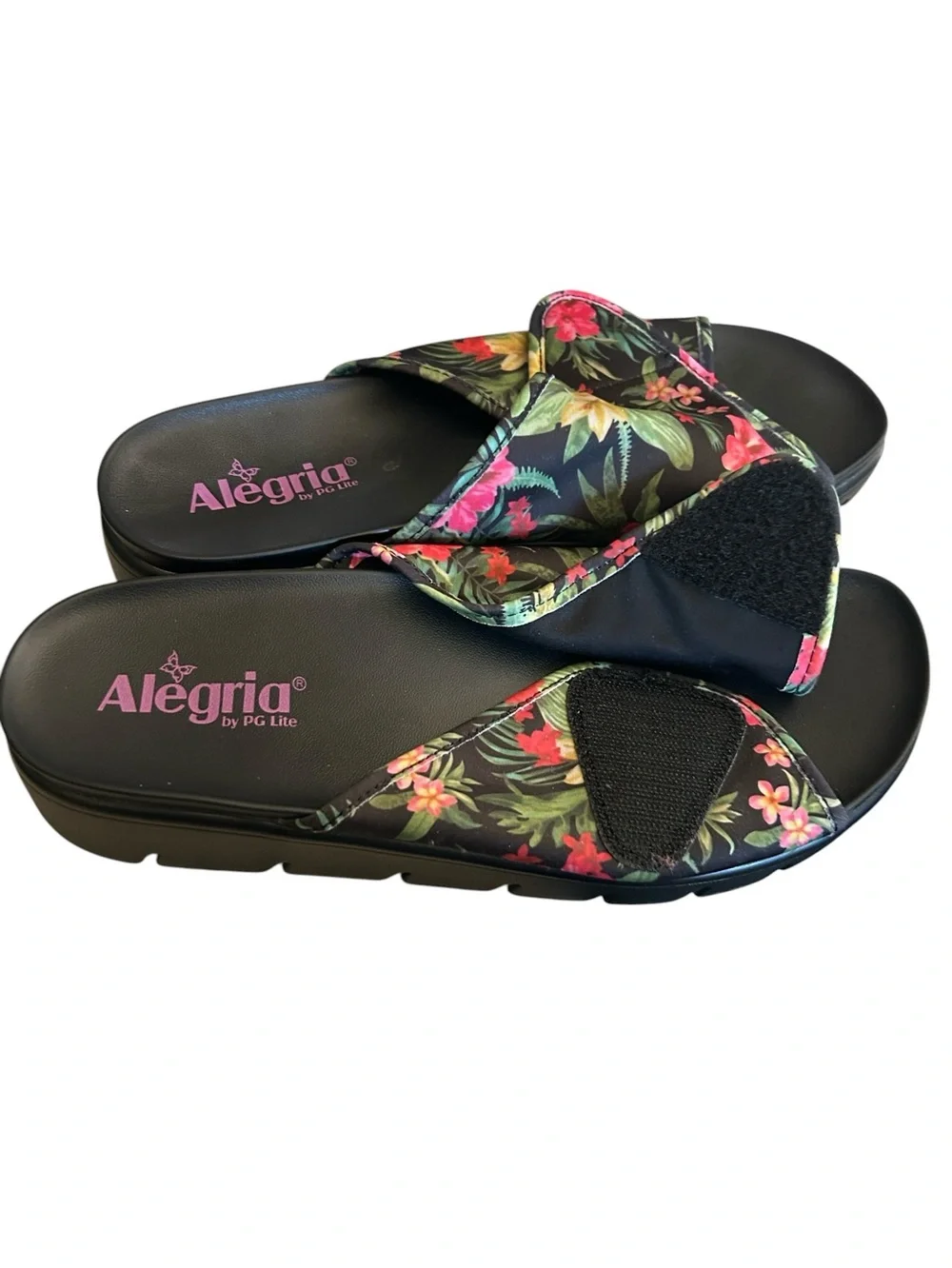 Alegria Airie Black Tropical Floral Sandals Adjustable Slides Size 40 EU